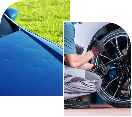 person polishes a black car wheel with a cloth.