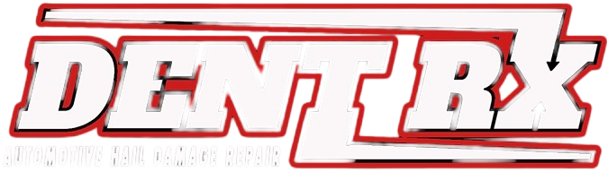 Logo with the text "DENT RX" in large letters, featuring a red and white color scheme. Below, smaller text reads "Automotive Hail Damage Repair.